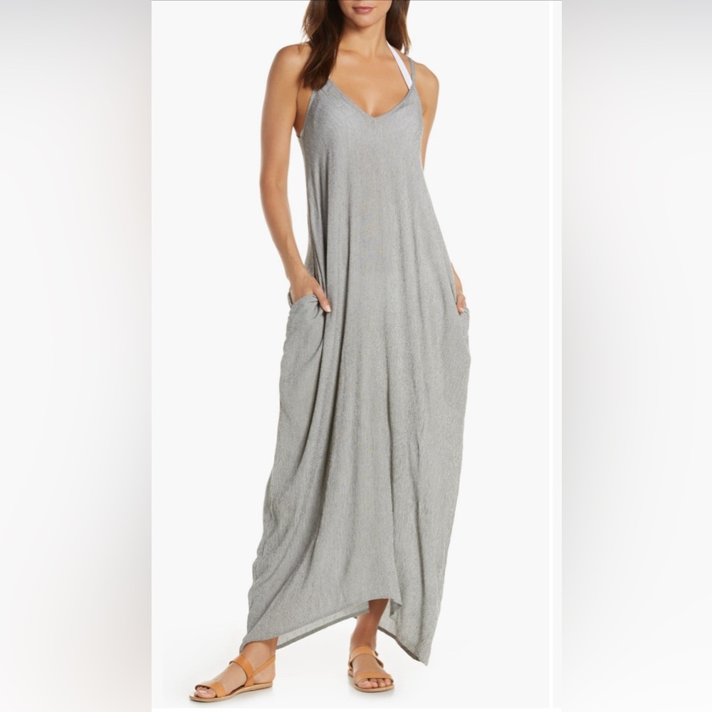 Elan cover up maxi dress, black micro strip, S